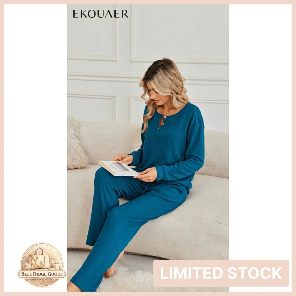 Ribbed Knit Button Down Pajama Set Cozy Lounge Wear Long Sleeve Sleepwear